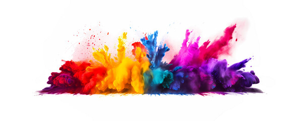 Burst of Rainbow Holi Paints on White Background. Color Explosion Spectrum. Vibrant Ink Clouds. LGBT Events and Indian Festival Celebrations. Horizontal Banner. AI Generated