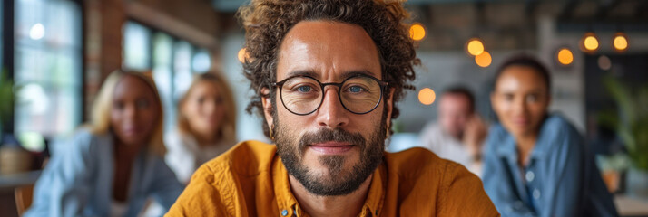 portrait of man with glasses looking at screen. diverse and collaborative workplace with employees from various ethnic backgrounds. Showcase a harmonious blend of cultures working together.