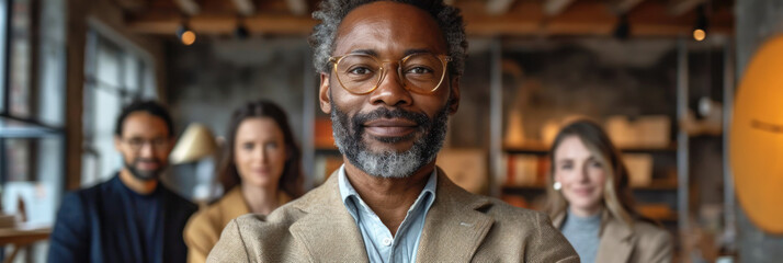 portrait of man with glasses looking at screen. diverse and collaborative workplace with employees from various ethnic backgrounds. Showcase a harmonious blend of cultures working together.