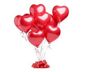 Bunch of red and pink balloons for valentine's isolated on transparent background. Heart-shaped balloons for wedding, holiday.