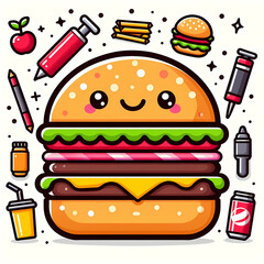 Artwork of happy smiling kawaii cute burger. Cartoon character illustration icon design perfect for poster, social media, sticker, restaurant menu.