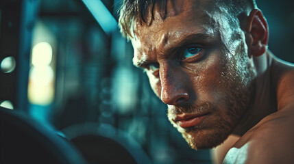 Close-up of handsome muscular young man looking at the camera working out exercising training in the gym - obrazy, fototapety, plakaty