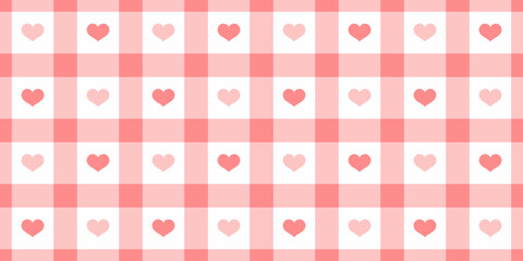 Gingham pattern with hearts. Seamless tartan vichy check plaid for dress, shirt, tablecloth, napkin, or other modern Valentines Day textile design.