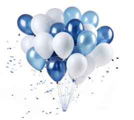 Set of deep blue and white balloons with confetti isolated on transparent