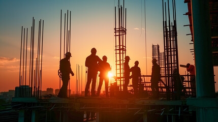 Construction team discussing blueprints at sunrise, silhouettes against the dawn sky on the building site.