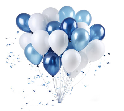 Set of deep blue and white balloons with confetti isolated on transparent