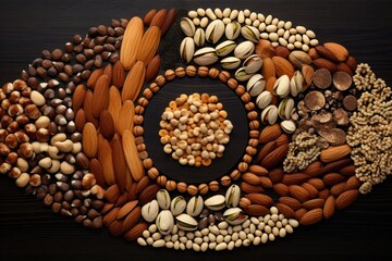 View of allergens commonly found in nuts. close up view of the nuts. all different kinds of nuts in the bowl