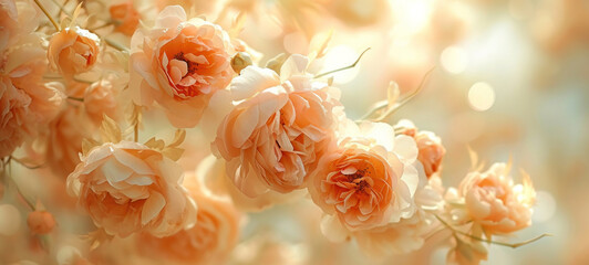 Capture the intricate beauty of peonies in the enchanting Peach Fuzz, the color of the year 2024, through a close-up macro lens.