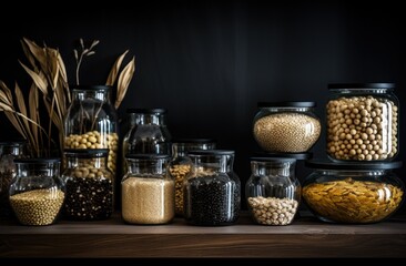 Obraz na płótnie Canvas View of allergens commonly found in food grains. a group of cereals. various types of rice in different containers