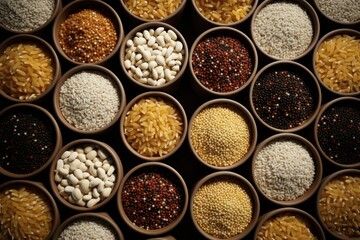 View of allergens commonly found in food grains. a group of cereals. various types of rice in different containers