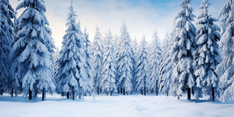 Fototapeta premium Wide background landscape with rows of pine trees covered in snow. Generative AI