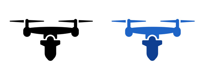 Kamikaze drone icon bring bomb flying weapon set black and blue color unmanned aerial vehicle