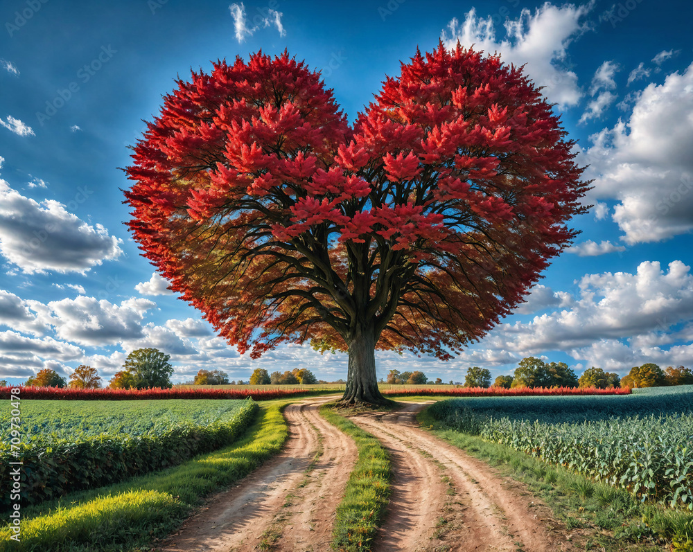Aufkleber a sprawling tree with a heart-shaped crown stands in the middle of a field. generated ai.