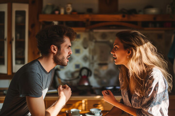 stressed couple arguing at home. Angry feelings, misunderstanding and relationship problems concept - obrazy, fototapety, plakaty