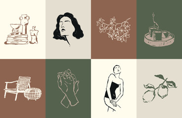 Minimalist bohemian modern art illustrations. Art for poster design, banners, wallpapers, brand identity, backgrounds.