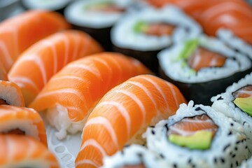 close up detail of salmon nigiri and avocado maki sushi