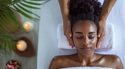 A young African American woman closes her eyes in relaxation while receiving a soothing head massage - obrazy, fototapety, plakaty