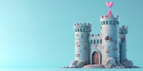 Magic grey Princess Castle with pink heart. Cartoon Style. Children’s game. Games. Fantasy kingdom. Toy. 3D Illustration for book. Copy space for text. Valentine’s Day Card. Love. Isolated on blue - obrazy, fototapety, plakaty