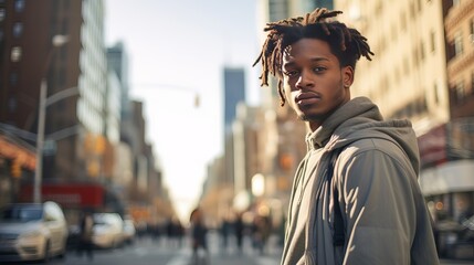 Low view of a focused young black male remote worker using a laptop in a contemporary cafe while conversing on a smartphone and sporting a stylish suit.