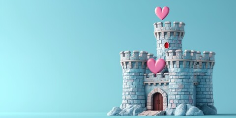 Magic grey Princess Castle with pink heart. Cartoon Style. Children’s game. Games. Fantasy kingdom. Toy. 3D Illustration for book. Copy space for text. Valentine’s Day Card. Love. Isolated on blue