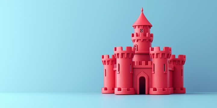 Magic red Princess Castle. Cartoon Style. Children’s game. Games. Fantasy kingdom. Toy. 3D Illustration for book. Copy space for text. Valentine’s Day Card. Love. Isolated on blue