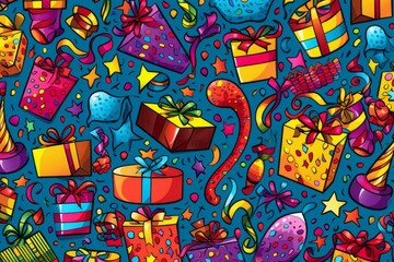 Cartoon cute doodles featuring hand-drawn elements of birthday presents, party hats, and confetti in a playful and vibrant seamless backdrop, Generative AI
