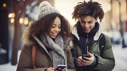 A youthful, mixed-race couple outside with their phones while dressed for cold. Excited pupils utilizing their gadgets - obrazy, fototapety, plakaty