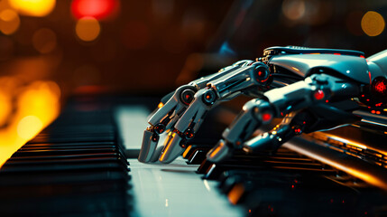 A robot hand playing a classical piano blending technology and art.