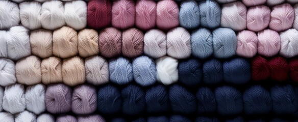 Colorful Wool Yarn Balls Arranged in Rows. Rows of wool yarn balls in soft pastel to rich, deep tones create a visually pleasing gradient, showcasing a variety of shades for knitting.