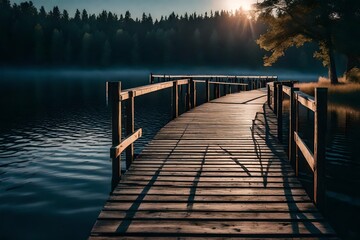 Small woody fishing pier at the lake. Moody colors of sunset. Poland