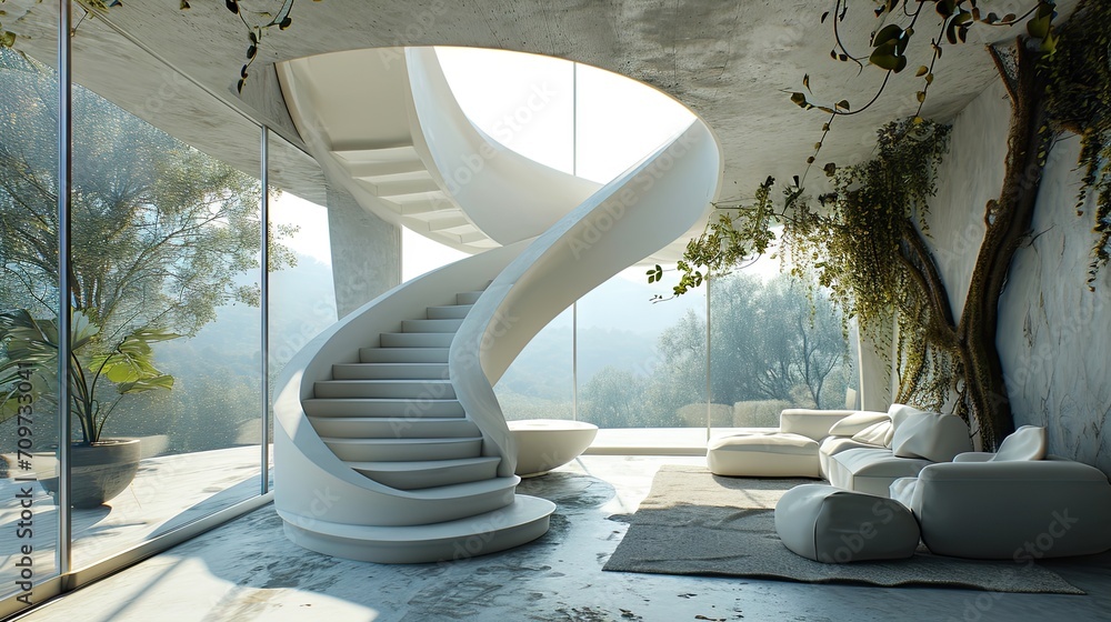 Wall mural architecture background interior with curved stairs and round windows in surreal ecology futuristic 