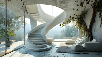 Architecture background interior with curved stairs and round windows in surreal ecology futuristic style 3d render - Powered by Adobe