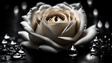 A symbol of purity, youthfulness, and innocence White rose with water splashes, White rose with water droplets close-up.
