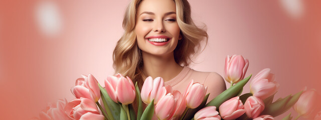 International Women's Day. Happy woman with a bouquet of tulips on a pink background