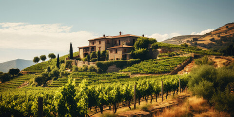 Obraz premium Vineyard landscape with an old winery building on a hill on a sunny day. Rows of grapes. Generative AI