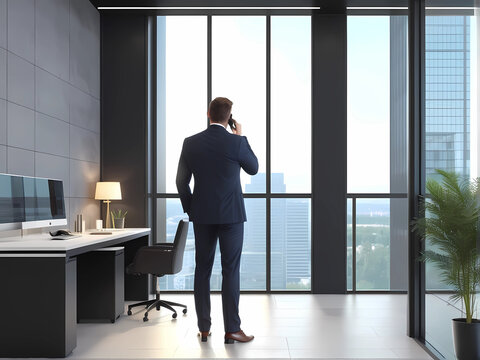 professional business person in office looking out the window and talking on the phone