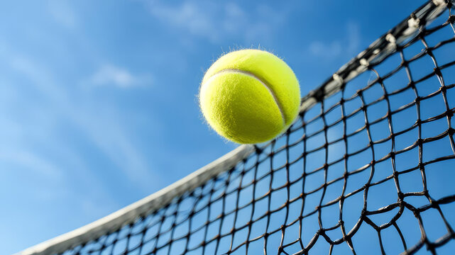 Yellow tennis ball and net on a blue sky background.
Sport concept banner with copy space.Generative AI.