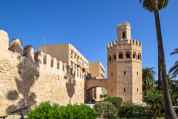 Tower and city defensive walls that surround the old city (medina), Monastir, Tunisia.
