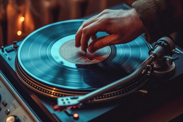 Hands placing a vinyl record on a vintage turntable.