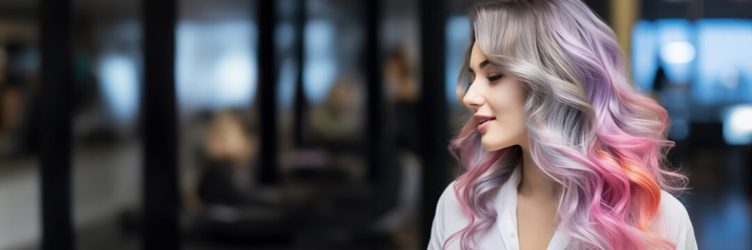 Side-profile of a young woman with pastel-colored hair in a modern urban setting, embodying contemporary beauty trends