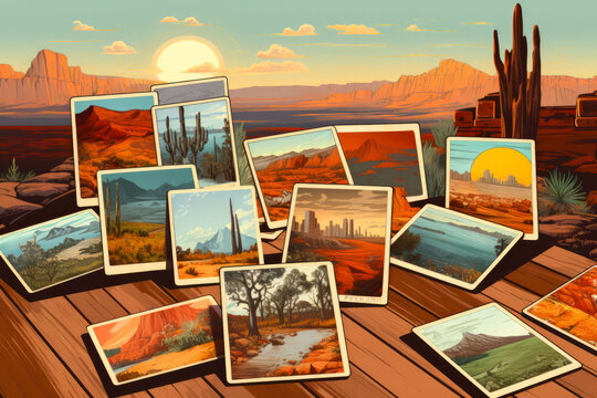 Assorted travel destination photographs spread out on a wooden surface with a scenic desert backdrop during sunset