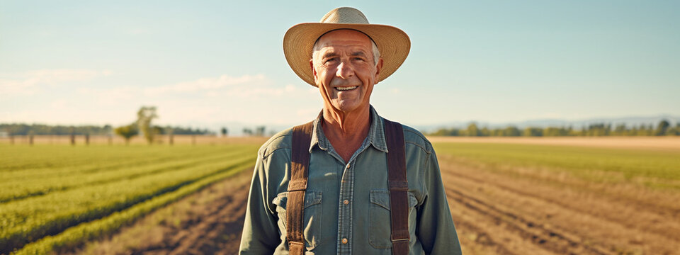 happy grandfather farmer on farm field background