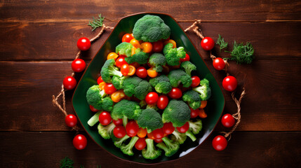 Christmas tree created with broccoli, garnished with cherry tomatoes and cheese star on a wooden table. Holiday spirit and healthy eating. Holiday decor
