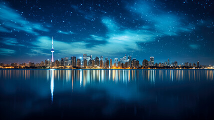 Starry night sky over a tranquil city skyline with reflections on the water, ideal for backgrounds or urban nightscapes