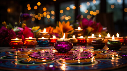 Colorful traditional oil lamps on a rangoli for Diwali, the Hindu festival of lights, with a blurred bokeh background
