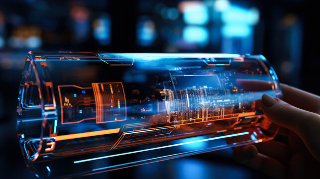 A hand holding a futuristic transparent display with holographic cityscape data, symbolizing high-tech innovation and smart city concepts