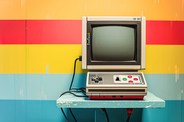 Visible game on monitor, A classic gaming console and joystick in action.