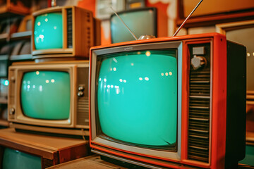 Antique televisions with rabbit ear antennas in vintage ambient.