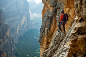 A climber equipped with gear stands on a cliff edge, overlooking a mountainous valley, embodying...