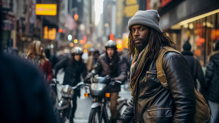 Fototapeta na wymiar Stylish man with dreadlocks wearing a hat and leather jacket on a bustling city street